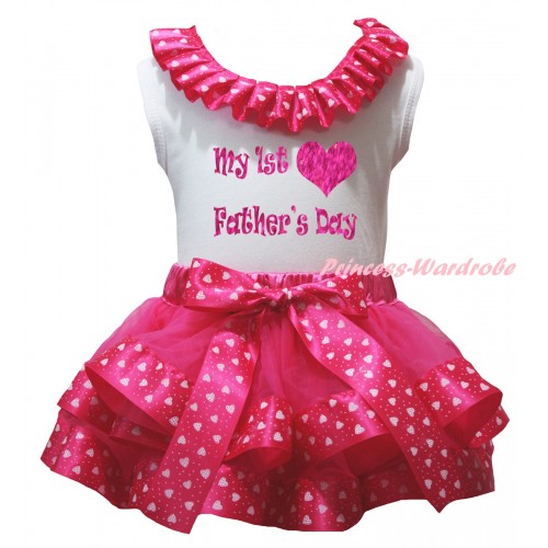 Father's Day White Baby Pettitop Hot Light Pink Heart Lacing & Sparkle Hot Pink My 1st Father's Day Heart Painting & Hot Light Pink Heart Trimmed Newborn Pettiskirt NG2382