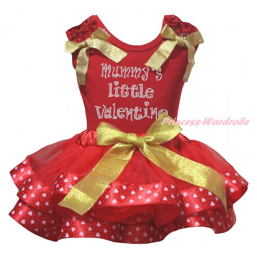Valentine's Day Red Baby Pettitop Red Ruffles Gold Bows & Sparkle Rhinestone Mummy's Little Valentine Print & Gold Red Light Pink Heart Trimmed Newborn Pettiskirt NG2395