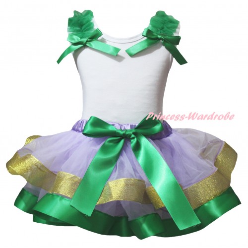 White Baby Pettitop Kelly Green Ruffles Bows & Kelly Green Lavender Gold Trimmed Newborn Pettiskirt NG2405