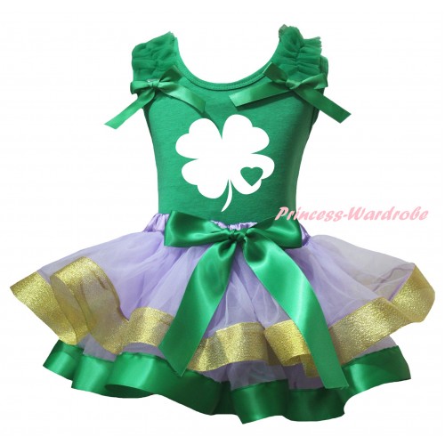 St Patrick's Day Kelly Green Baby Pettitop Kelly Green Ruffles Bows & White Clover Kelly Green Heart Painting & Kelly Green Lavender Gold Trimmed Newborn Pettiskirt NG2413