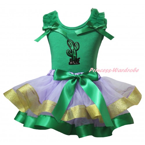 Cinco De Mayo Kelly Green Baby Pettitop Kelly Green Ruffles Bows & Sparkle Sequins Cactus Print & Kelly Green Lavender Gold Trimmed Newborn Pettiskirt NG2415
