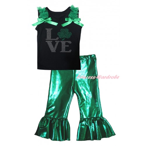St Patrick's Day Black Tank Top Kelly Green Ruffles & Bows & Sparkle Rhinestone Love Clover Print & Kelly Green Shiny Pants Set P071