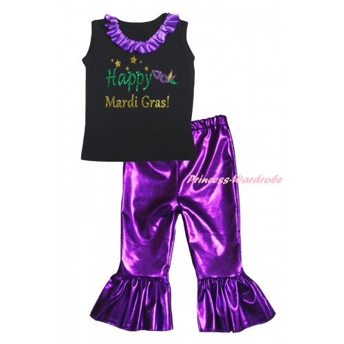 Mardi Gras Personalize Custom Black Tank Top Dark Purple Lacing & Sparkle Happy Mardi Gras! Clown Mask Painting & Purple Shiny Pants Set P083