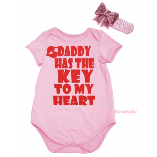 Valentine's Day Light Pink Baby Jumpsuit & Red Daddy Has The Key To My Heart Painting & Light Pink Headband Bow TH855