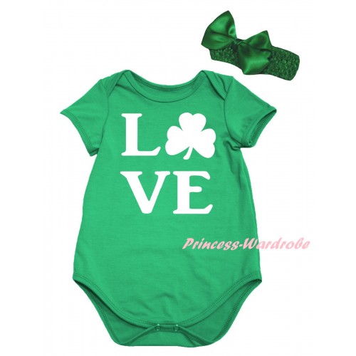 St Patrick's Day Kelly Green Baby Jumpsuit & White Love Clover Painting & Kelly Green Headband Bow TH861