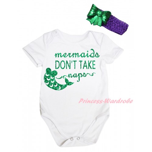 White Baby Jumpsuit & Sparkle Kelly Green Mermaids Don't Take Naps Painting & Dark Purple Headband Kelly Green Bow TH872