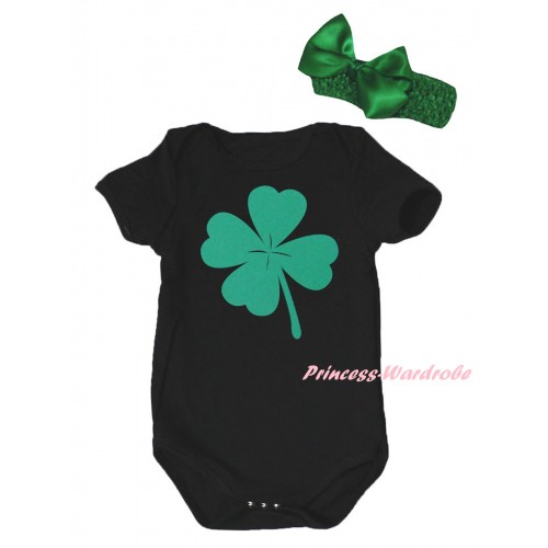 St Patrick's Day Black Baby Jumpsuit & Green Clover Painting & Kelly Green Headband Bow TH876