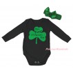 St Patrick's Day Black Baby Jumpsuit & Kelly Green Clover Olivia First ST.Patrick's Day Painting & Kelly Green Headband Bow TH877