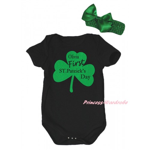St Patrick's Day Black Baby Jumpsuit & Kelly Green Clover Olivia First ST.Patrick's Day Painting & Kelly Green Headband Bow TH877