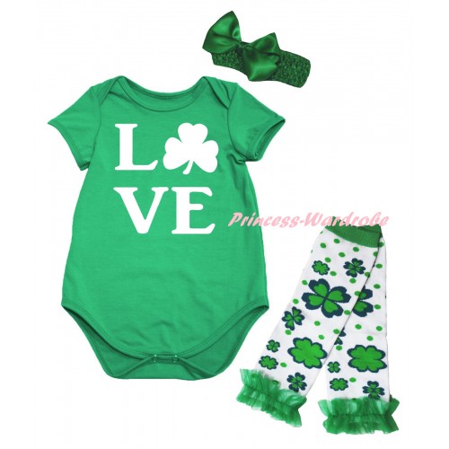 St Patrick's Day Kelly Green Baby Jumpsuit & White Love Clover Painting & Kelly Green Headband Bow & Kelly Green Ruffles Kelly Green White Clover Leg Warmer Set TH883