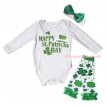 St Patrick's Day White Baby Jumpsuit & Sparkle Green Happy St Patrick's Day Painting & White Headband Kelly Green Bow & Kelly Green Ruffles Kelly Green White Clover Leg Warmer Set TH887
