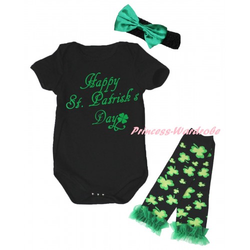 St Patrick's Day Black Baby Jumpsuit & Kelly Green Happy St.Patrick's Day Painting & Black Headband Kelly Green Bow & Kelly Green Ruffles Kelly Green Black Clover Leg Warmer Set TH891