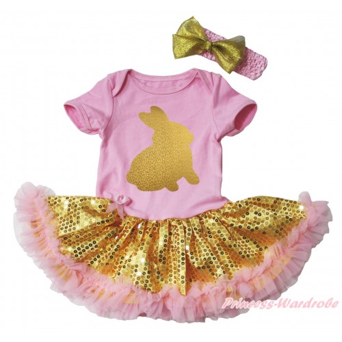 Easter Light Pink Baby Bodysuit Bling Gold Sequins Light Pink Pettiskirt & Sparkle Gold Rabbit Painting JS5279
