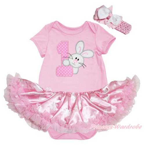 Easter Light Pink Baby Bodysuit Light Pink Pettiskirt & 1st Light Pink White Dots Birthday Number & Bunny Rabbit Print JS5281