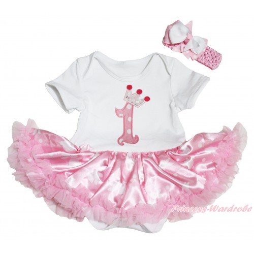 Easter White Baby Bodysuit Light Pink Pettiskirt & 1st Pink White Dots Crown Birthday Number Print JS5293