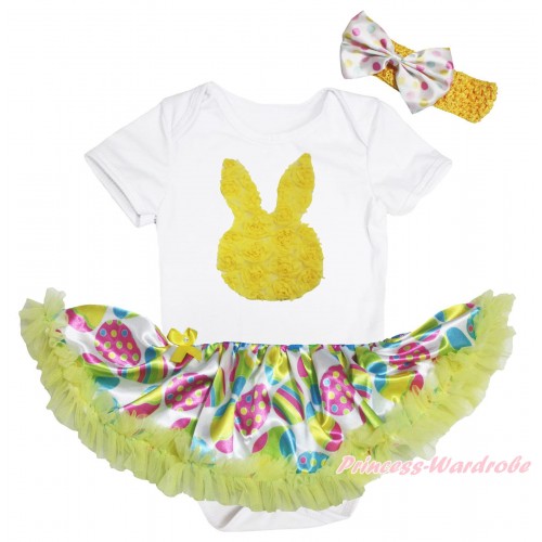 Easter White Baby Bodysuit Easter Egg Yellow Pettiskirt & Yellow Rosettes Rabbit Print JS5298