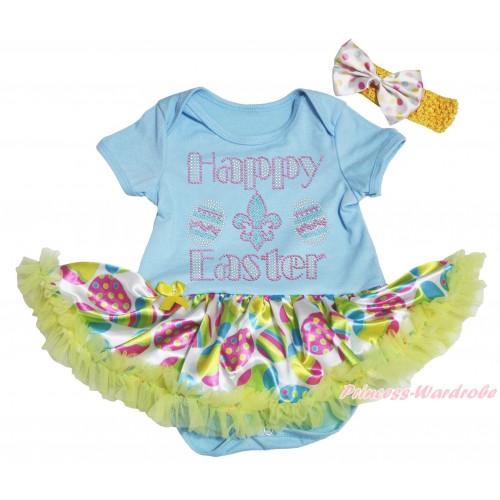 Easter Light Blue Baby Bodysuit Easter Egg Yellow Pettiskirt & Sparkle Crystal Bling Rhinestone Happy Easter Print JS5306