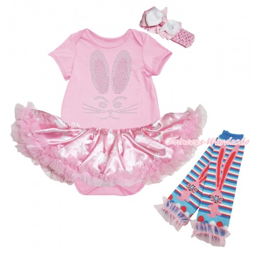 Easter Light Pink Baby Bodysuit Light Pink Pettiskirt & Sparkle Crystal Bling Rhinestone Bunny Rabbit Print & Warmers Leggings JS5309