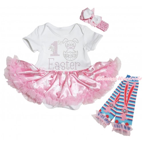 Easter White Baby Bodysuit Light Pink Pettiskirt & Sparkle Rhinestone My 1st Easter Print & Warmers Leggings JS5311