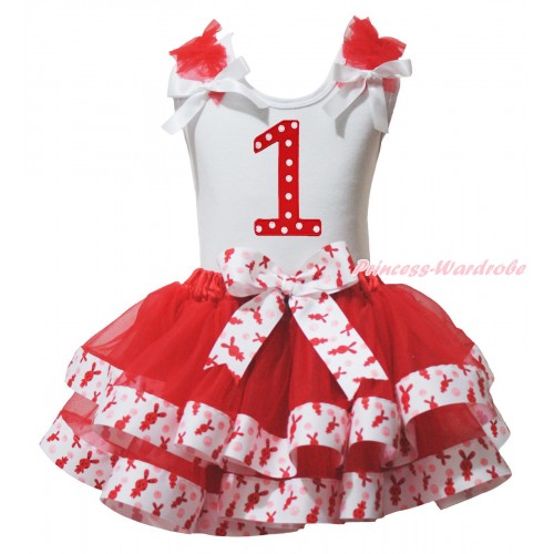 White Tank Top Red Ruffles White Bow & 1st Red White Dots Birthday Number Print & Red White Rabbit Trimmed Pettiskirt MG1972