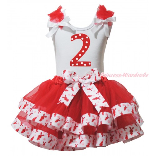 White Tank Top Red Ruffles White Bow & 2nd Red White Dots Birthday Number Print & Red White Rabbit Trimmed Pettiskirt MG1973