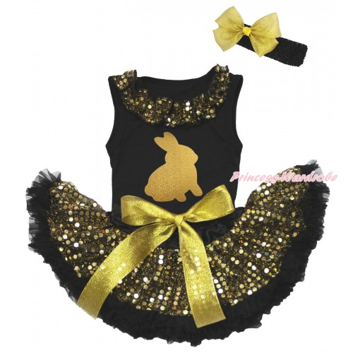 Easter Black Baby Pettitop Gold Sequins Lacing & Sparkle Gold Rabbit Painting & Gold Bling Sequins Newborn Pettiskirt NG1931