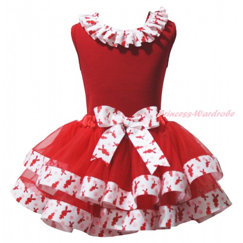 Easter Red Baby Pettitop Red Rabbit Lacing & Red White Rabbit Trimmed Baby Pettiskirt NG1934