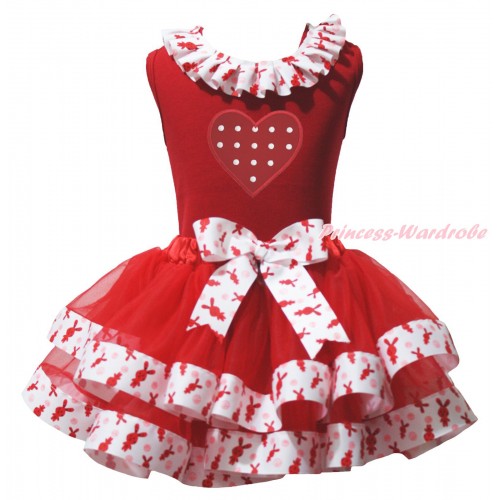 Valentine's Day Red Baby Pettitop Red Rabbit Lacing & Red White Dots Heart Print & Red White Rabbit Trimmed Baby Pettiskirt NG1951