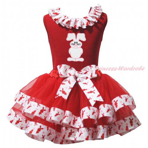 Easter Red Baby Pettitop Red Rabbit Lacing & Bunny Rabbit Print & Red White Rabbit Trimmed Baby Pettiskirt NG1953