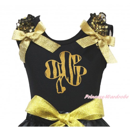 St Patrick's Day Black Tank Top Gold Sequins Ruffles Sparkle Gold Bow & Sparkle Gold Clover Print TB1418