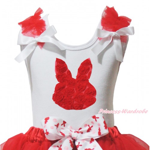 Easter White Tank Top Red Ruffles White Bow & Red Rosettes Rabbit Print TB1427