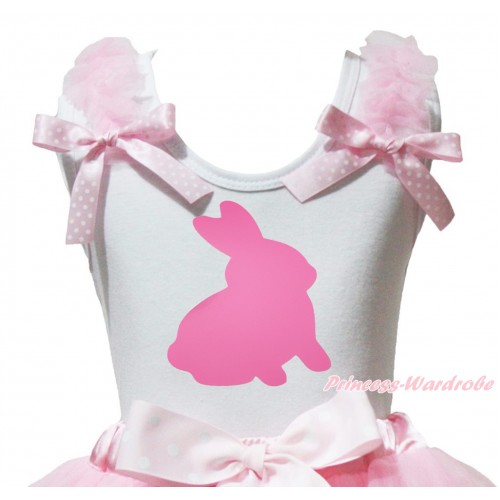 Easter White Tank Top Light Pink Ruffles Light Pink White Dots Bow & Pink Rabbit Painting TB1428