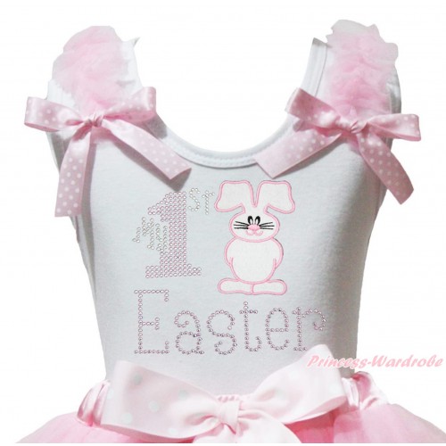Easter White Tank Top Light Pink Ruffles Light Pink White Dots Bow & Rhinestone My 1st Bunny Rabbit Easter Print TB1429