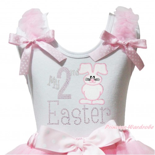 Easter White Tank Top Light Pink Ruffles Light Pink White Dots Bow & Rhinestone My 2nd Bunny Rabbit Easter Print TB1430