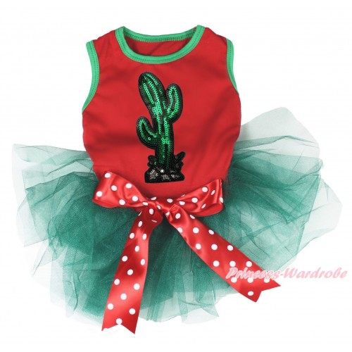 Cinco De Mayo Red Sleeveless Teal Green Gauze Skirt & Sparkle Sequins Cactus Print & Minnie Dots Bow Pet Dress DC226