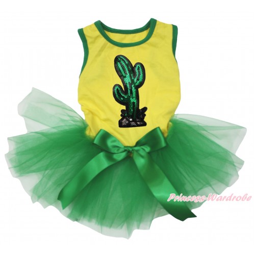 Cinco De Mayo Yellow Sleeveless Kelly Green Gauze Skirt & Sparkle Sequins Cactus Print & Kelly Green Bow Pet Dress DC227