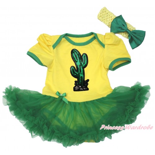 Cinco De Mayo Yellow Baby Bodysuit Kelly Green Pettiskirt & Sparkle Sequins Cactus Print JS5037