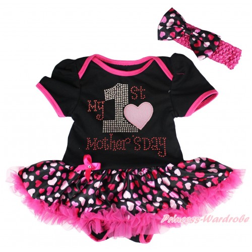 Black Baby Bodysuit Hot Pink Heart Pettiskirt & Sparkle Rhinestone My 1st Mother's Day Print JS5039