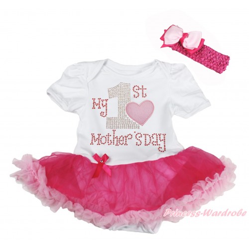 White Baby Bodysuit Hot Light Pink Pettiskirt & Sparkle Rhinestone My 1st Mother's Day Print JS5041