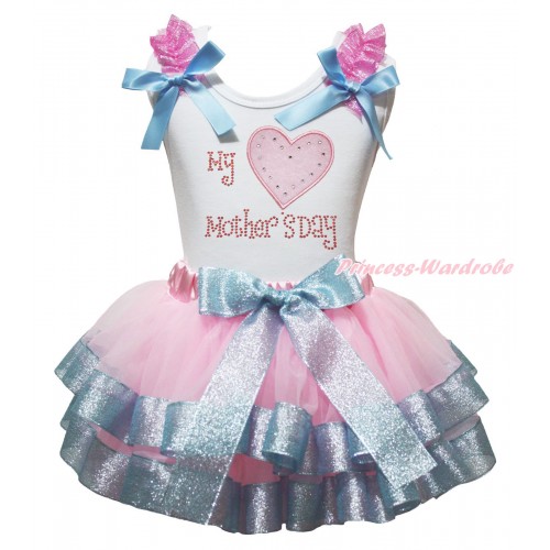 White Tank Top Sparkle Pink Ruffles Light Blue Bow & Rhinestone My Light Pink Heart Mother's Day Print & Light Pink Sparkle Light Blue Trimmed Pettiskirt MG2034