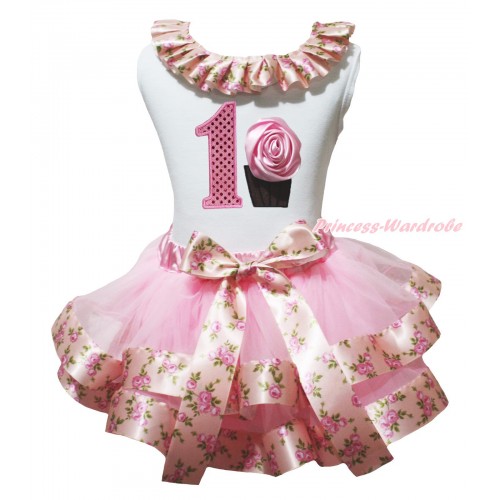 White Tank Top Pink Rose Fusion Lacing & 1st Sparkle Light Pink Birthday Number & Rose Cupcake & Light Pink Rose Fusion Trimmed Pettiskirt MG2055