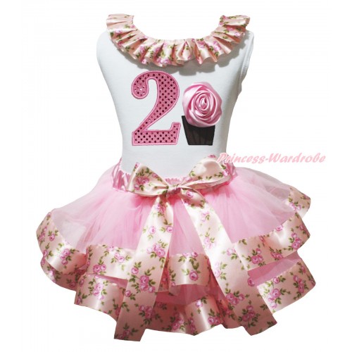 White Tank Top Pink Rose Fusion Lacing & 2nd Sparkle Light Pink Birthday Number & Rose Cupcake & Light Pink Rose Fusion Trimmed Pettiskirt MG2056