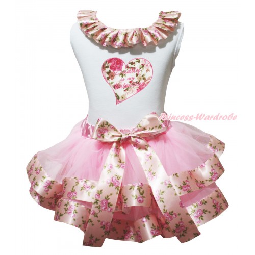 White Tank Top Pink Rose Fusion Lacing & Daddy Is My Valentine Rose Heart Print & Light Pink Rose Fusion Trimmed Pettiskirt MG2061