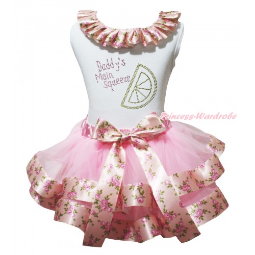 White Tank Top Pink Rose Fusion Lacing & Rhinestone Daddy's Main Squeeze Print & Light Pink Rose Fusion Trimmed Pettiskirt MG2063