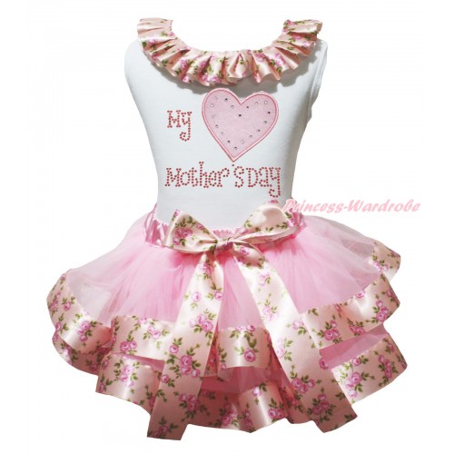 White Tank Top Pink Rose Fusion Lacing & Rhinestone My Light Pink Heart Mother's Day Print & Light Pink Rose Fusion Trimmed Pettiskirt MG2064
