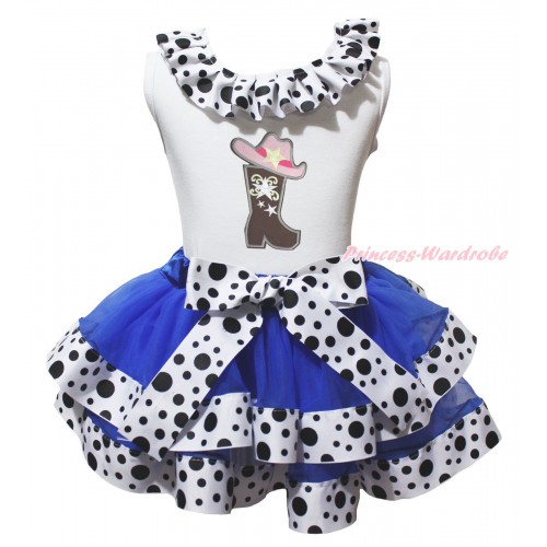 White Tank Top White Black Dots Lacing & Cowgirl Hat Boot Print & Royal Blue White Black Dots Trimmed Pettiskirt MG2067