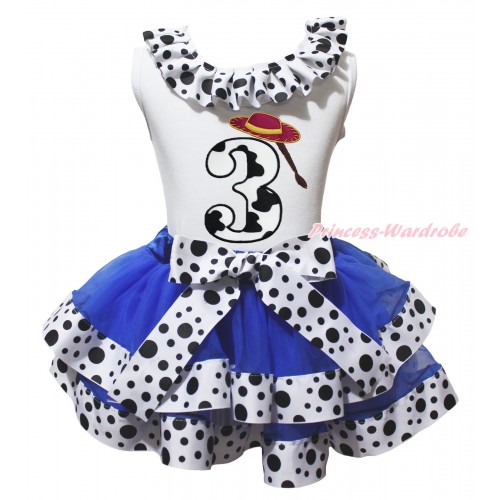 White Tank Top White Black Dots Lacing & 3rd Cowgirl Hat Braid Milk Cow Birthday Number Print & Royal Blue White Black Dots Trimmed Pettiskirt MG2069
