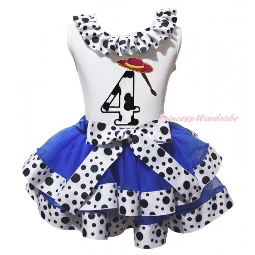 White Tank Top White Black Dots Lacing & 4th Cowgirl Hat Braid Milk Cow Birthday Number Print & Royal Blue White Black Dots Trimmed Pettiskirt MG2070