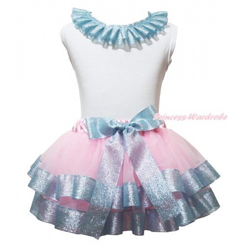 White Baby Pettitop Sparkle Light Blue Lacing & Light Pink Sparkle Light Blue Trimmed Baby Pettiskirt NG1969