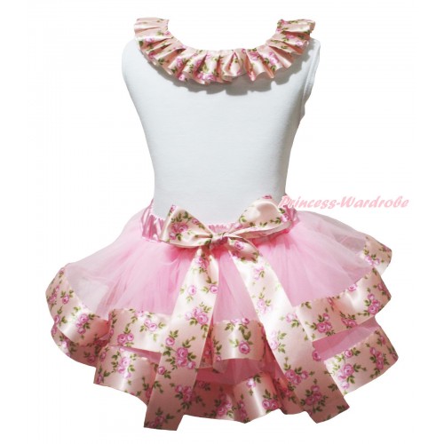 White Baby Pettitop Pink Rose Fusion Lacing & Light Pink Rose Fusion Trimmed Baby Pettiskirt NG1970